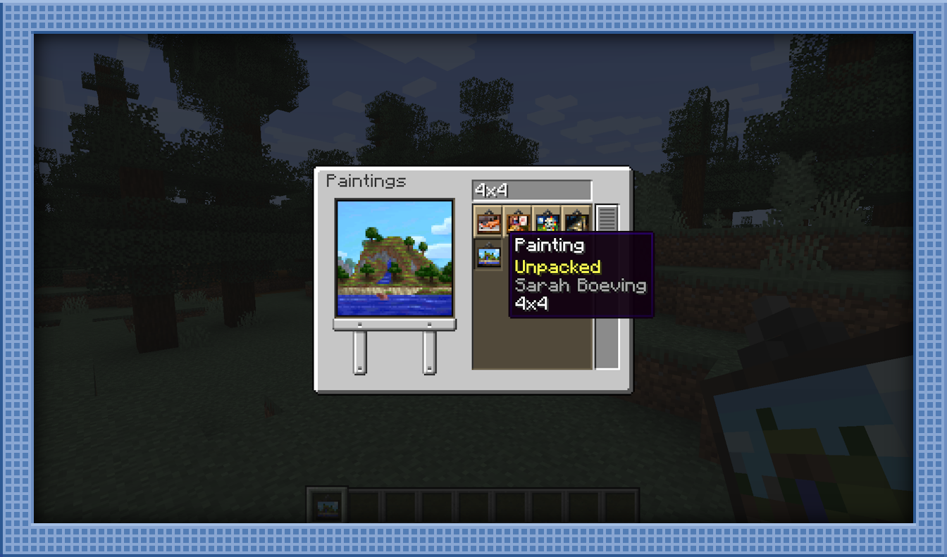 The painting selector in action, with a search bar and backported 1.21 paintings!
